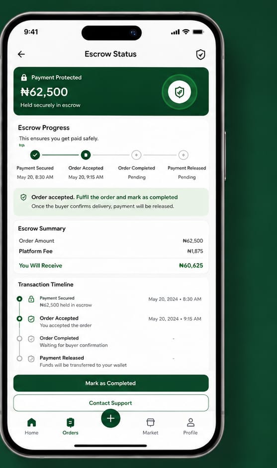 Farmora escrow status screen showing protected payment progress and transaction timeline