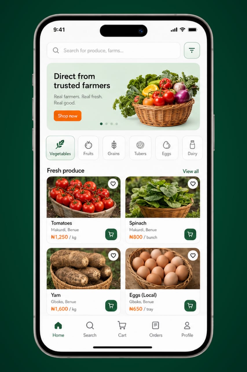Farmora buyer home screen with produce direct from trusted farmers