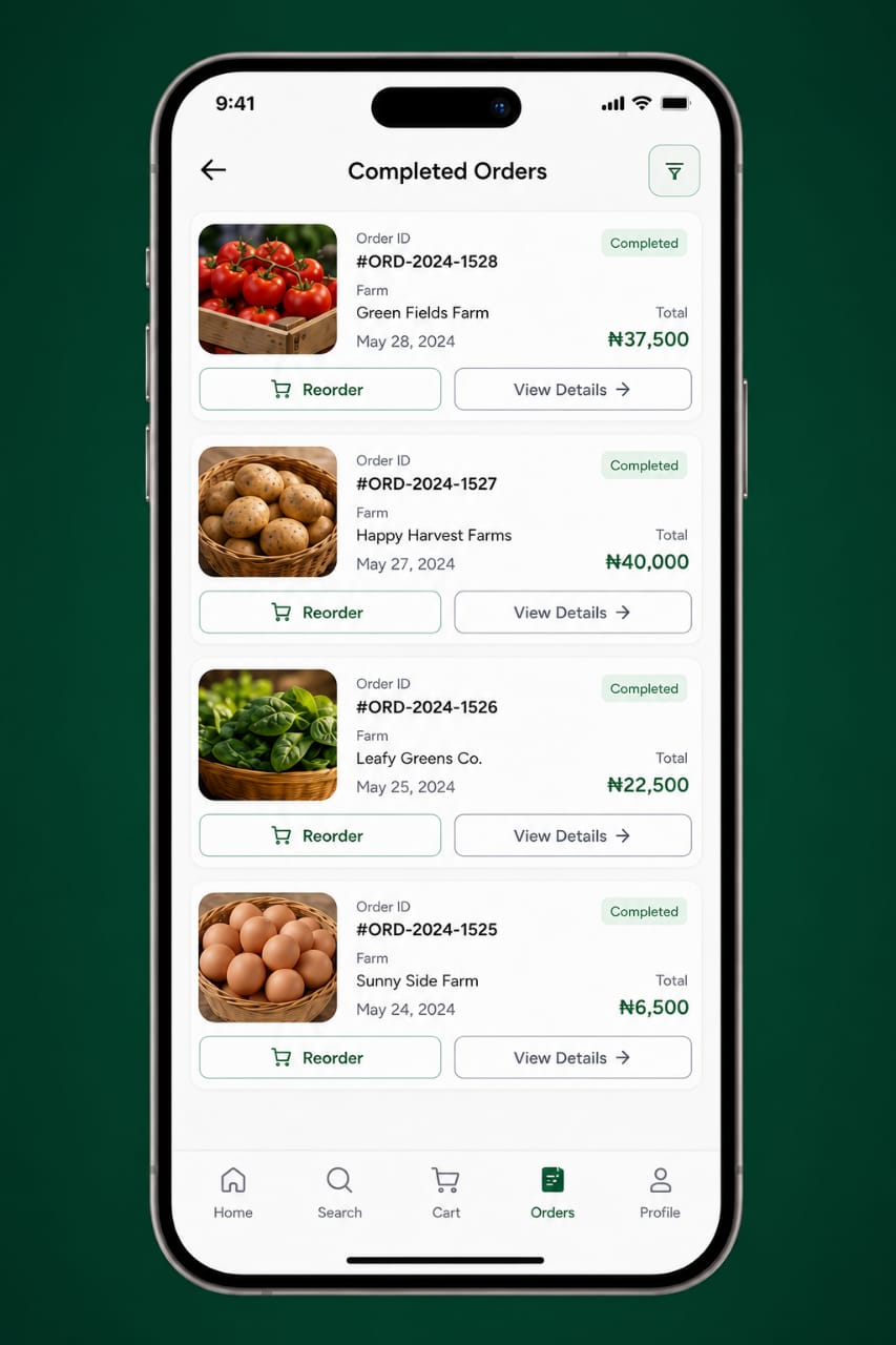 Farmora completed orders screen with past orders and reorder actions