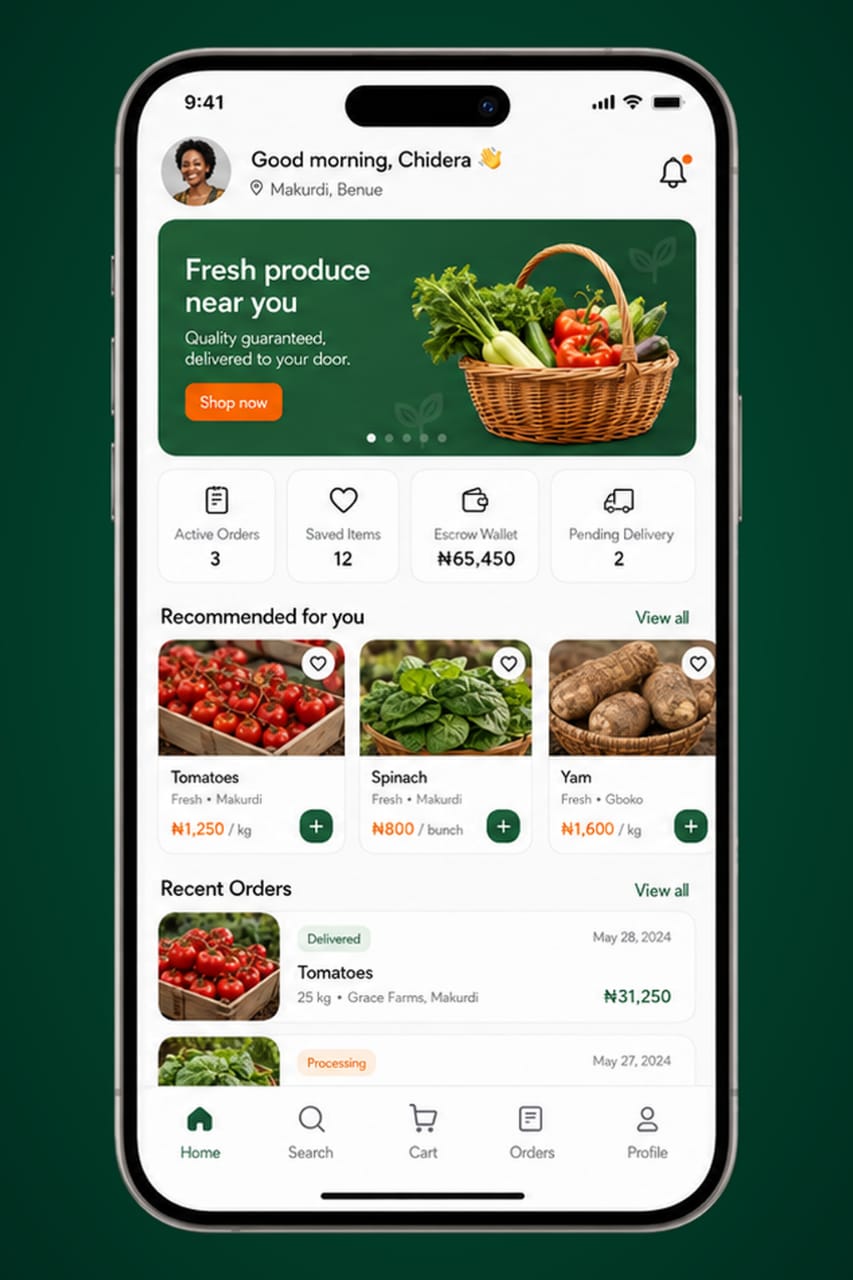 Farmora household home screen with fresh produce near you and recommendations