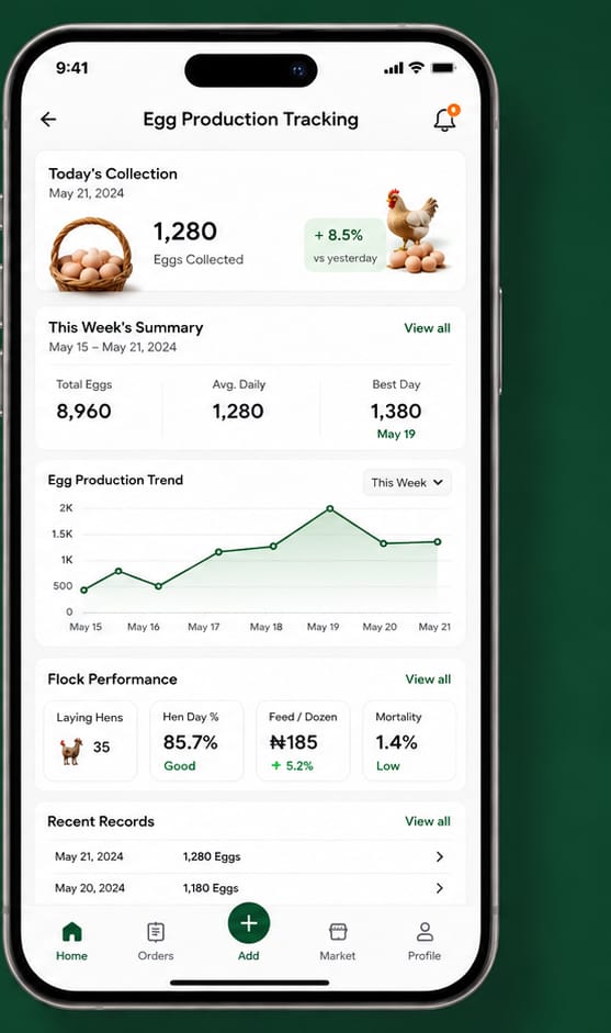 Farmora egg production tracking screen with weekly summary and flock performance