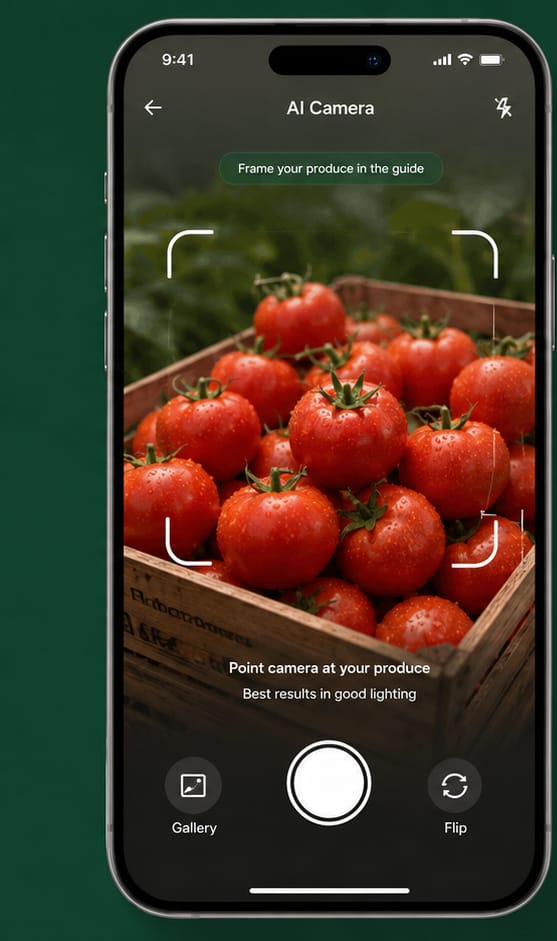 Farmora AI produce recognition screen detecting tomatoes with grade and freshness details