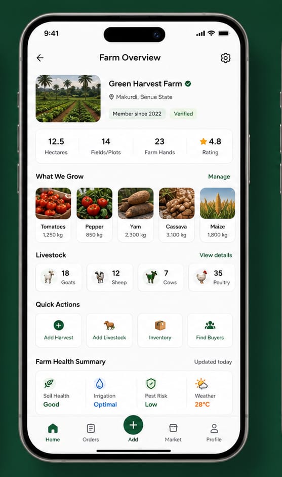 Farmora farmer home screen with weather, farm at a glance and quick actions