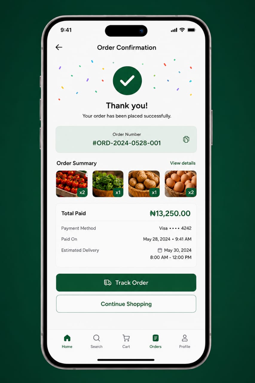 Farmora order confirmation screen with order summary and delivery details