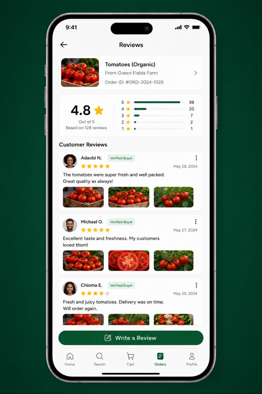 Farmora reviews screen with verified buyer ratings and photos