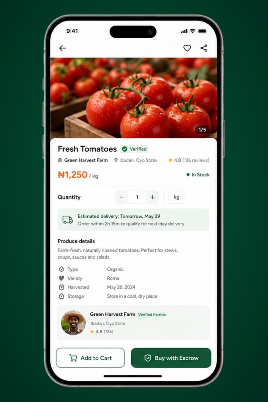 Farmora farm profile screen for Green Harvest Farm with featured products