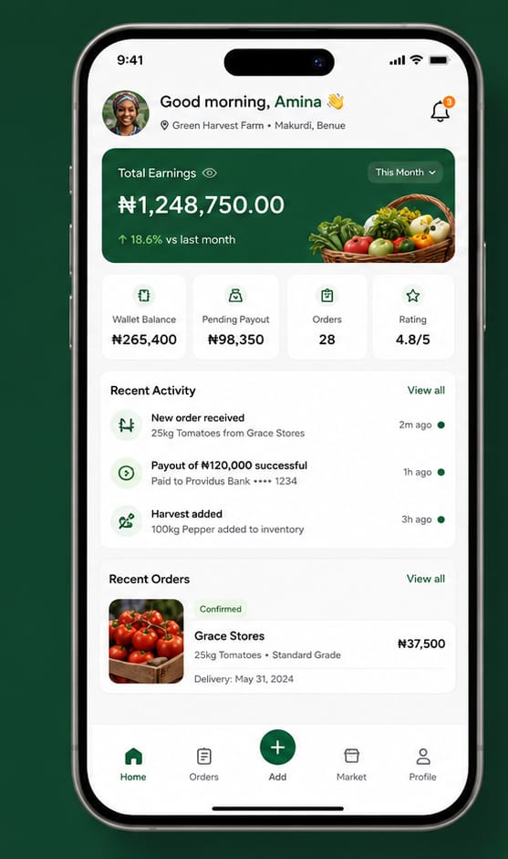 Farmora farmer earnings screen showing total earnings, wallet balance and recent activity