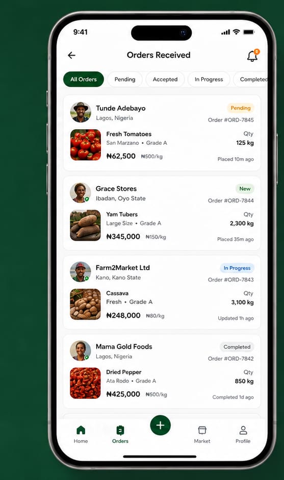 Farmora orders received screen listing buyer orders with quantities and status