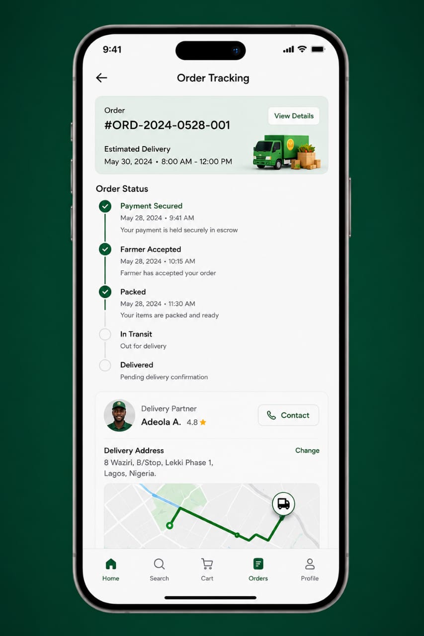 Farmora order tracking screen with live delivery status and map