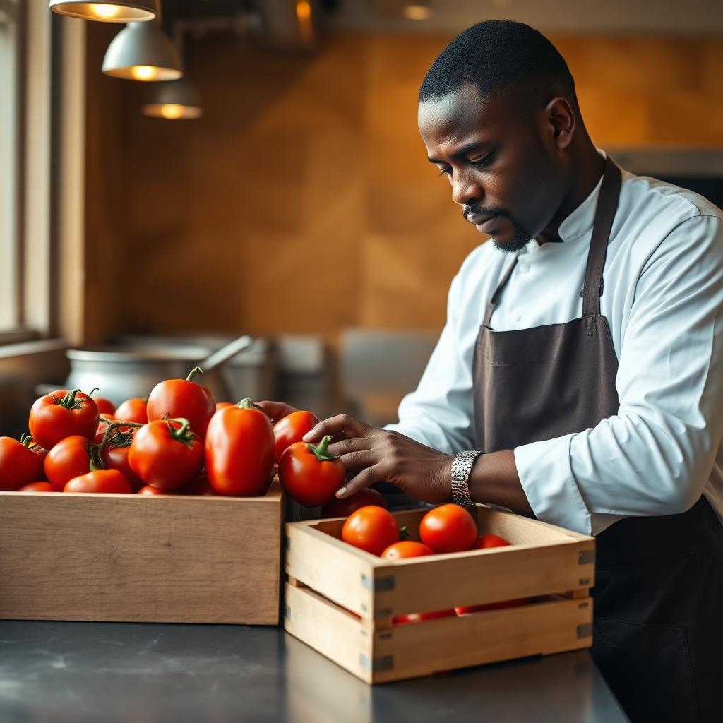 Nigerian restaurant chef inspecting a crate of fresh tomatoes in a kitchen