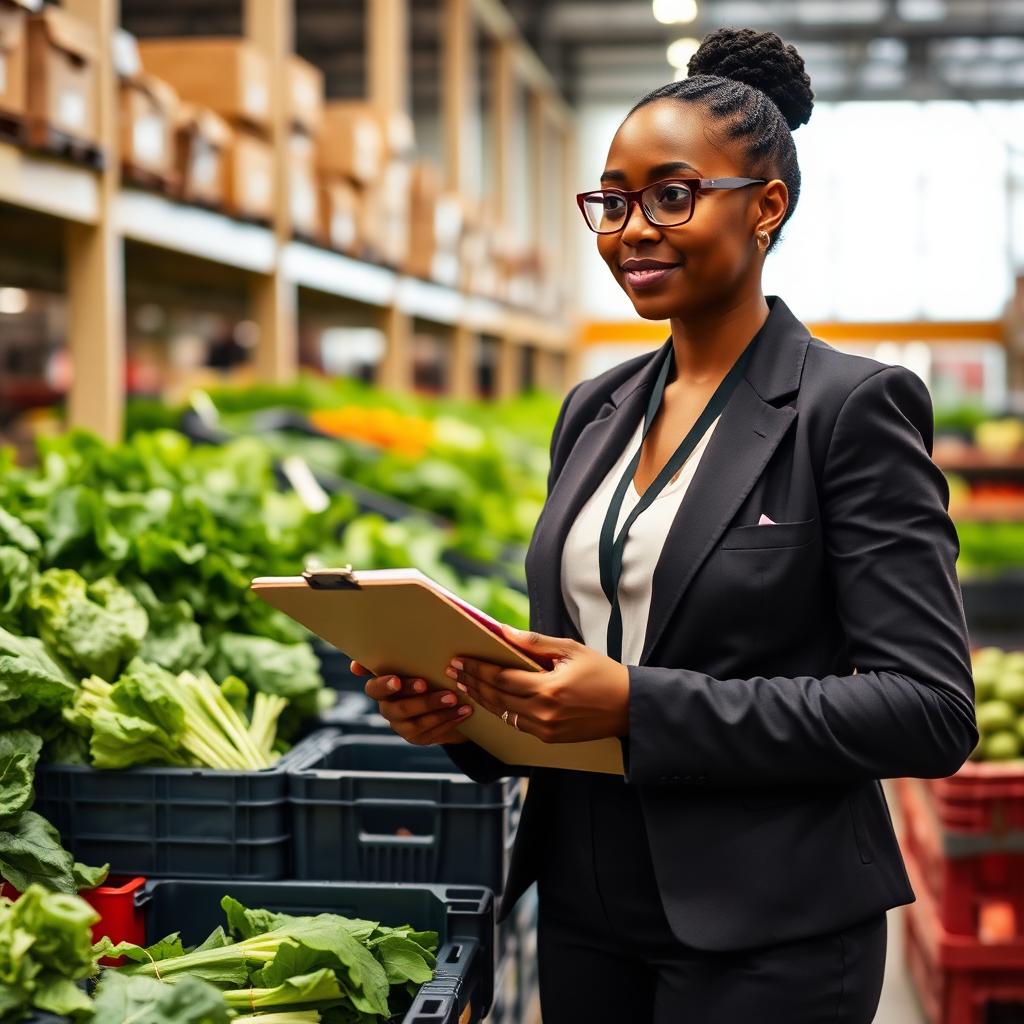 Nigerian produce buyer with a clipboard checking crates of leafy greens in a warehouse