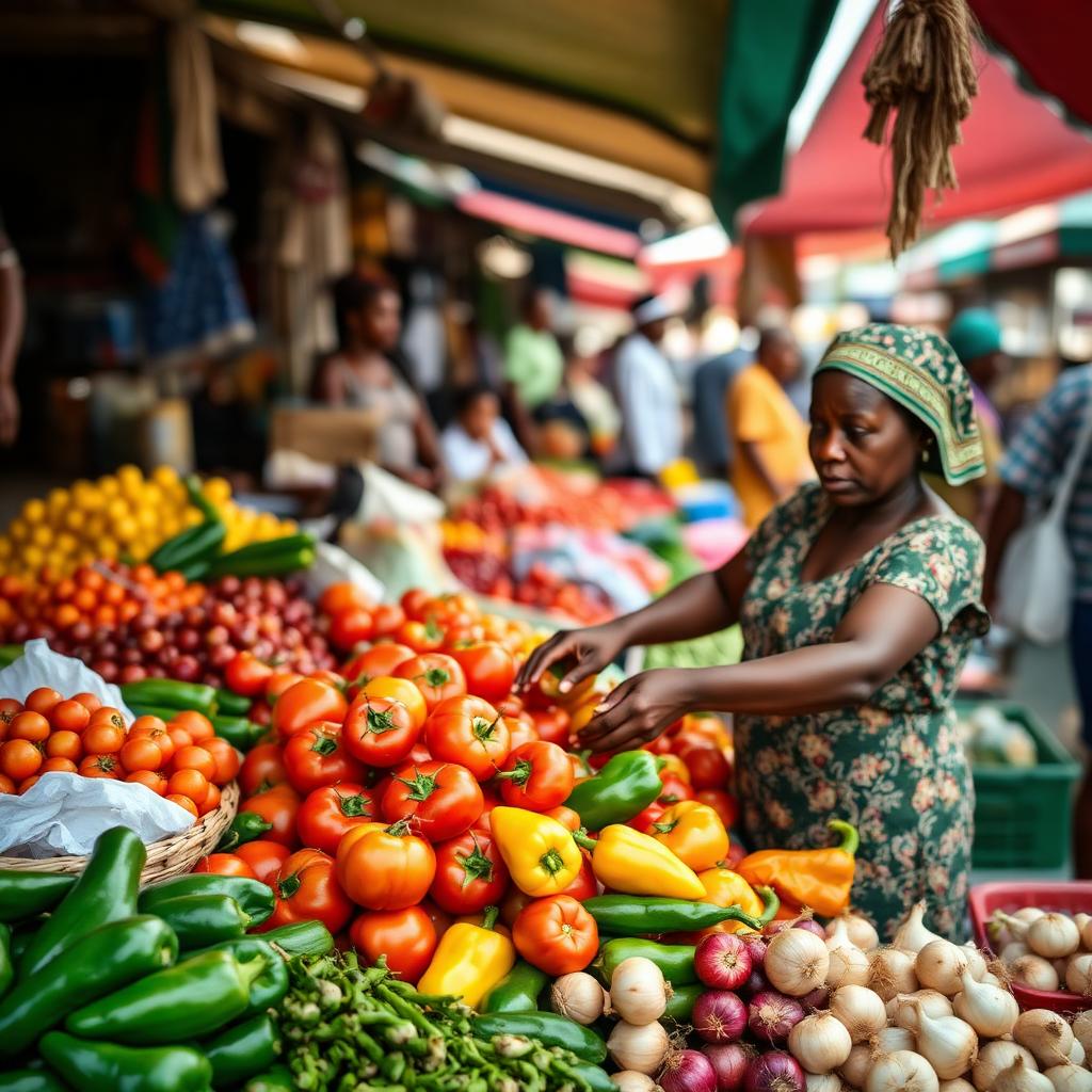 Nigerian market vendor arranging colorful fresh produce at a Lagos open-air market