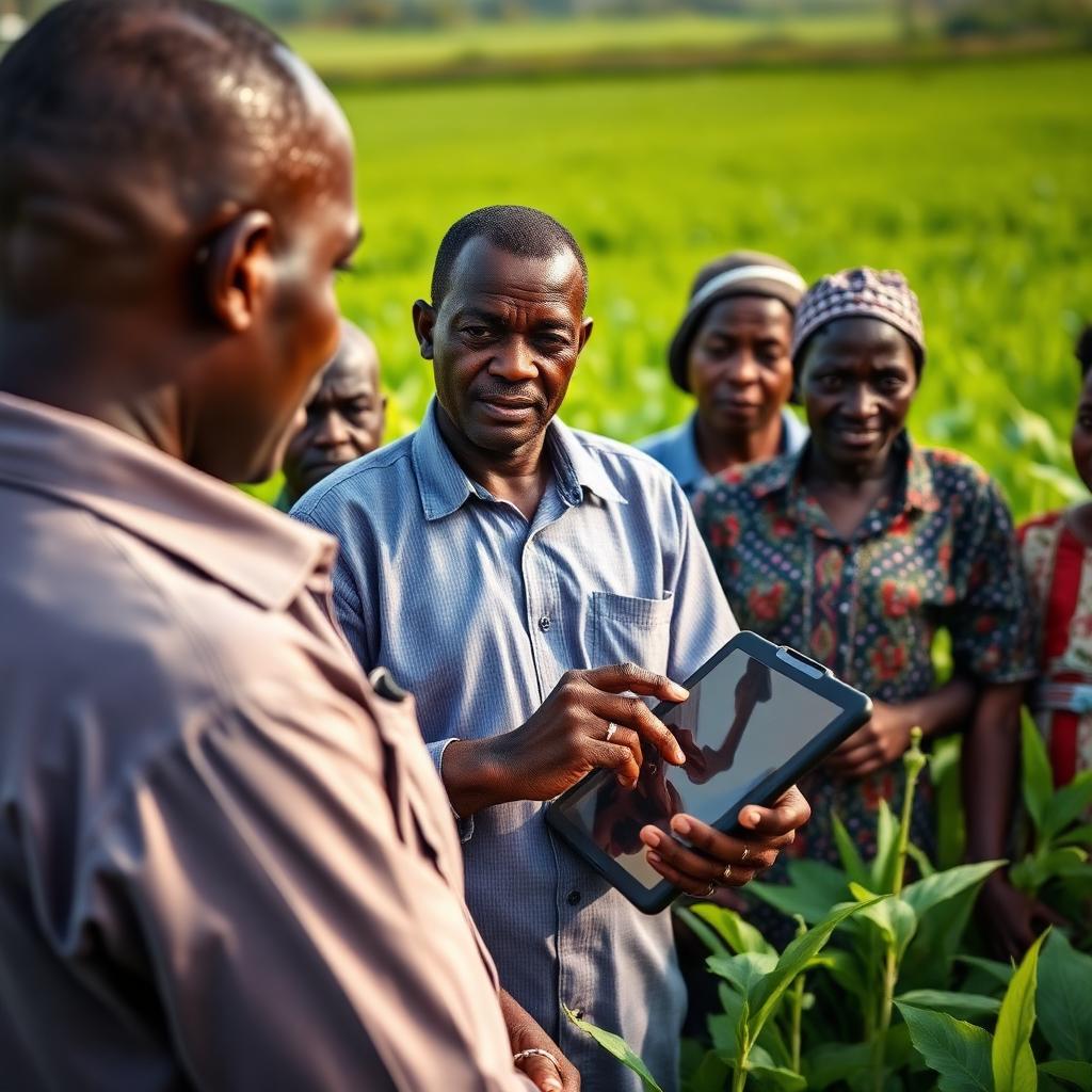 Nigerian agronomist teaching smallholder farmers with a tablet in a green field