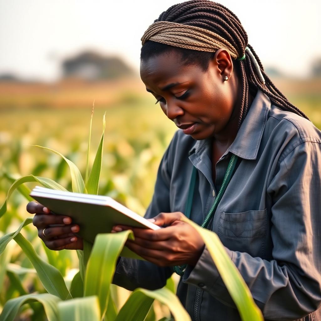 Nigerian woman agricultural expert examining a maize plant closely in a field