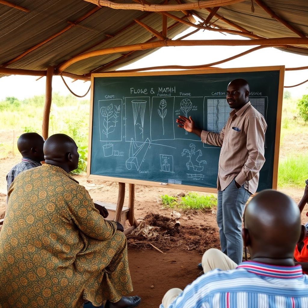 Nigerian agricultural expert leading an outdoor workshop with farmers around a chalkboard