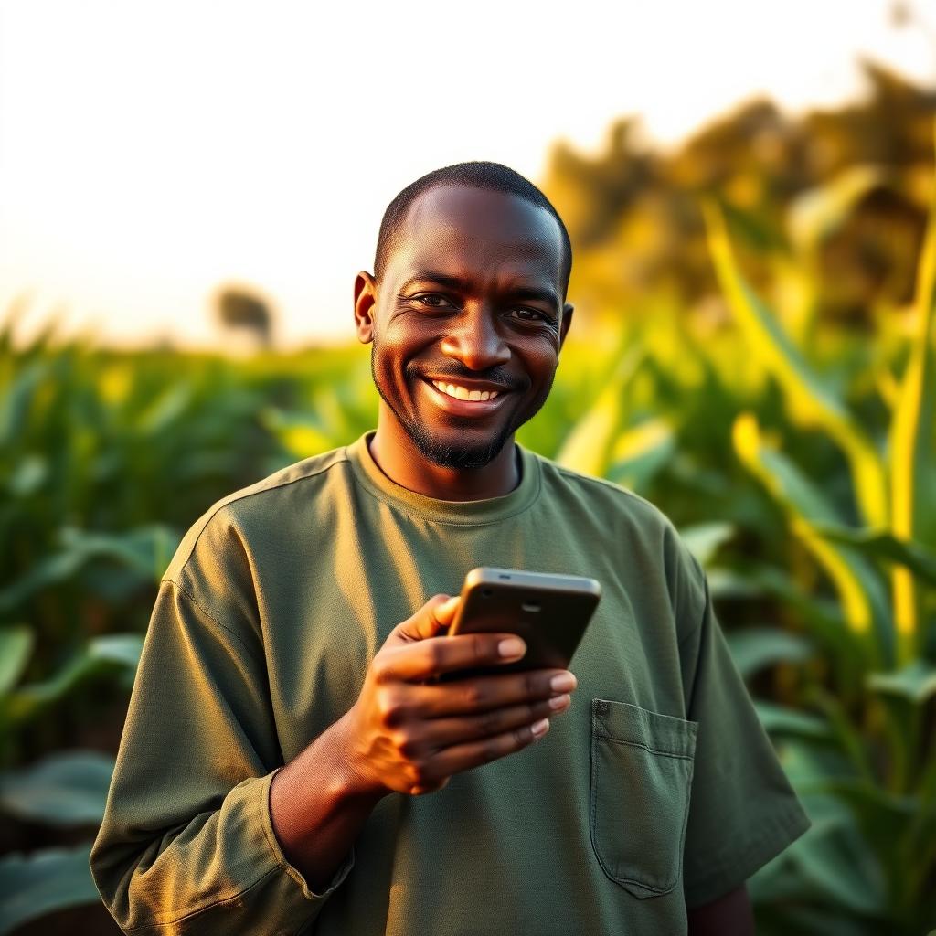 Nigerian farmer smiling with a smartphone in a green cassava field at golden hour