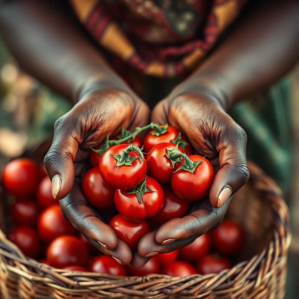 Close-up of a Nigerian farmer's hands cradling freshly harvested tomatoes