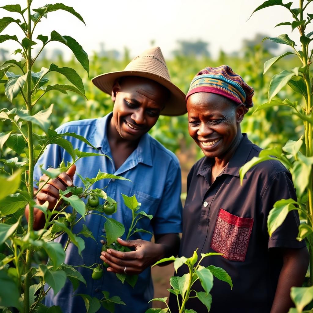Two Nigerian farmers inspecting pepper plants together in a rural farm