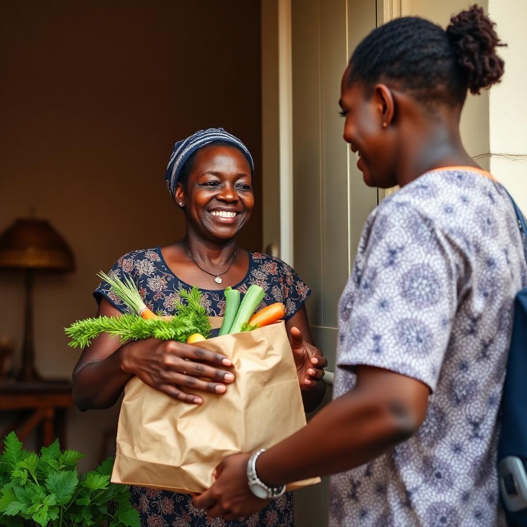 Nigerian mother smiling at her front door receiving a bag of fresh vegetables from a delivery rider