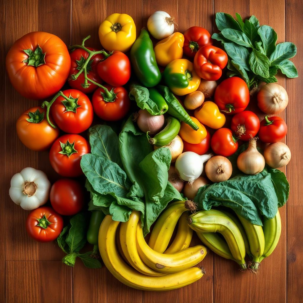 Top-down view of fresh Nigerian produce — tomatoes, peppers, onions, greens, plantains — on a wooden table