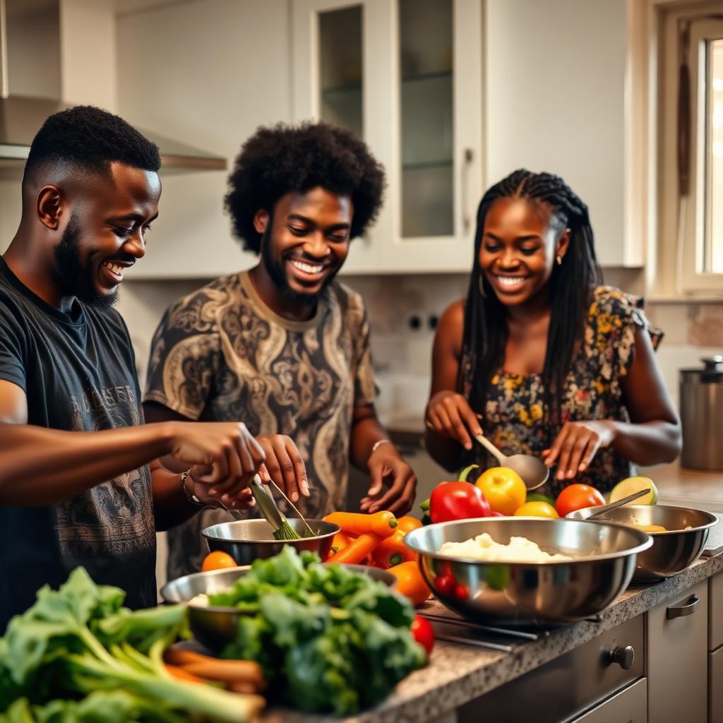 Nigerian family cooking together in a home kitchen with fresh vegetables on the counter