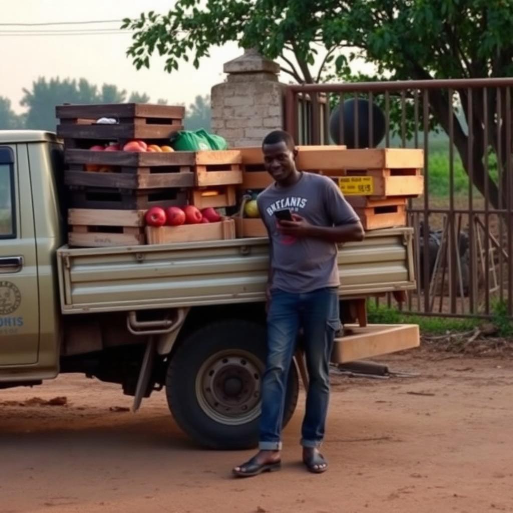 Nigerian pickup truck loaded with wooden crates of fresh produce at a rural farm gate