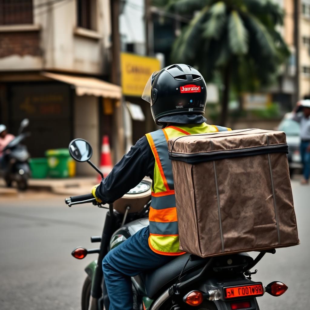 Nigerian delivery motorcycle rider in hi-vis vest with an insulated delivery box