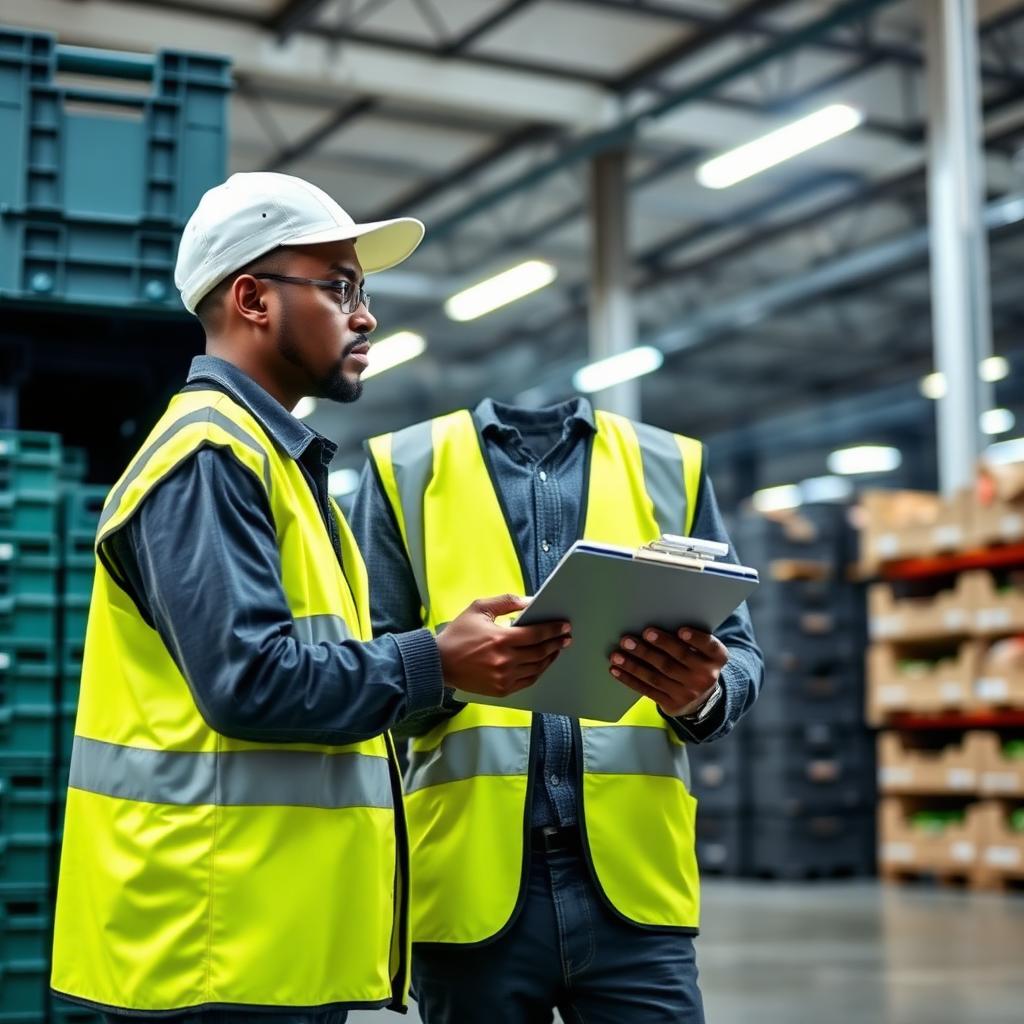 Nigerian warehouse worker in hi-vis vest checking a clipboard beside stacked produce crates