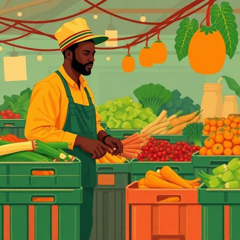 Business buyer inspecting crates of produce at a market