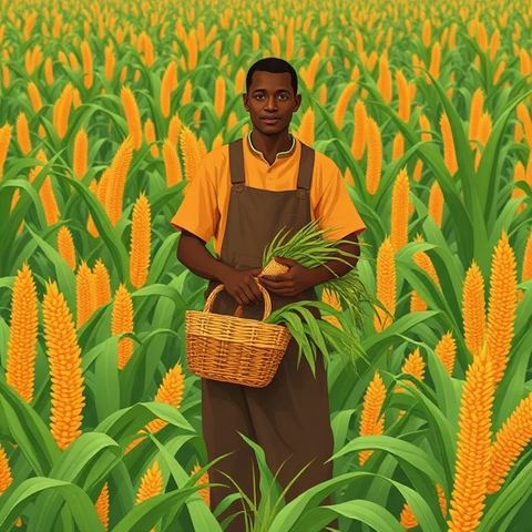 Nigerian farmer harvesting fresh produce in a green field