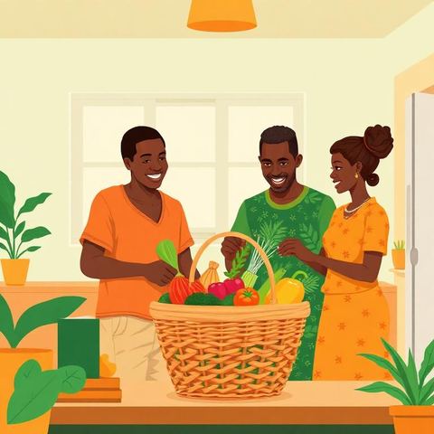 Family unpacking a basket of fresh produce at home