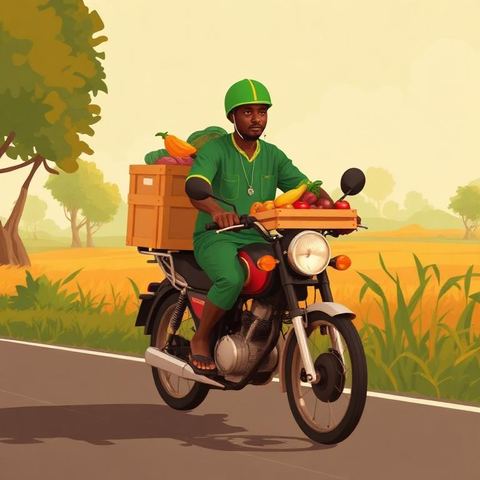 Delivery rider carrying farm produce along a rural road