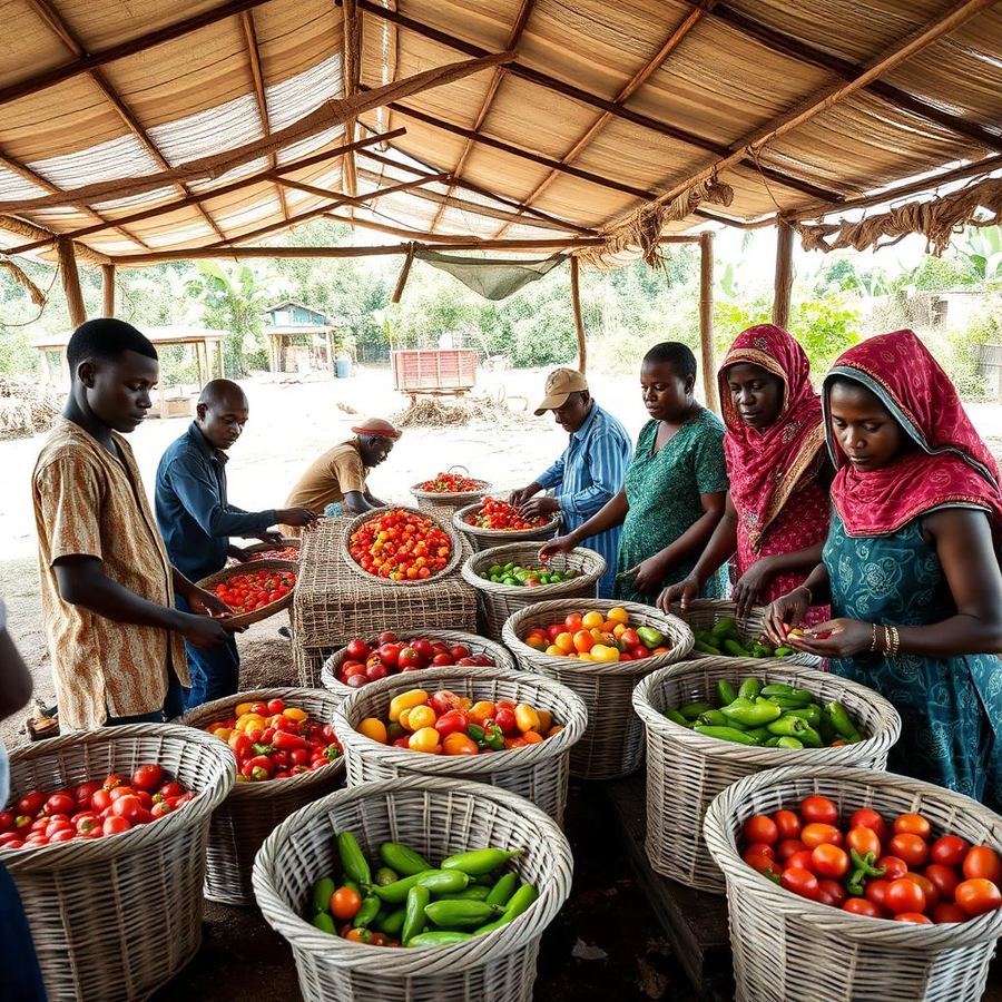 Community members sorting and grading harvested crops together
