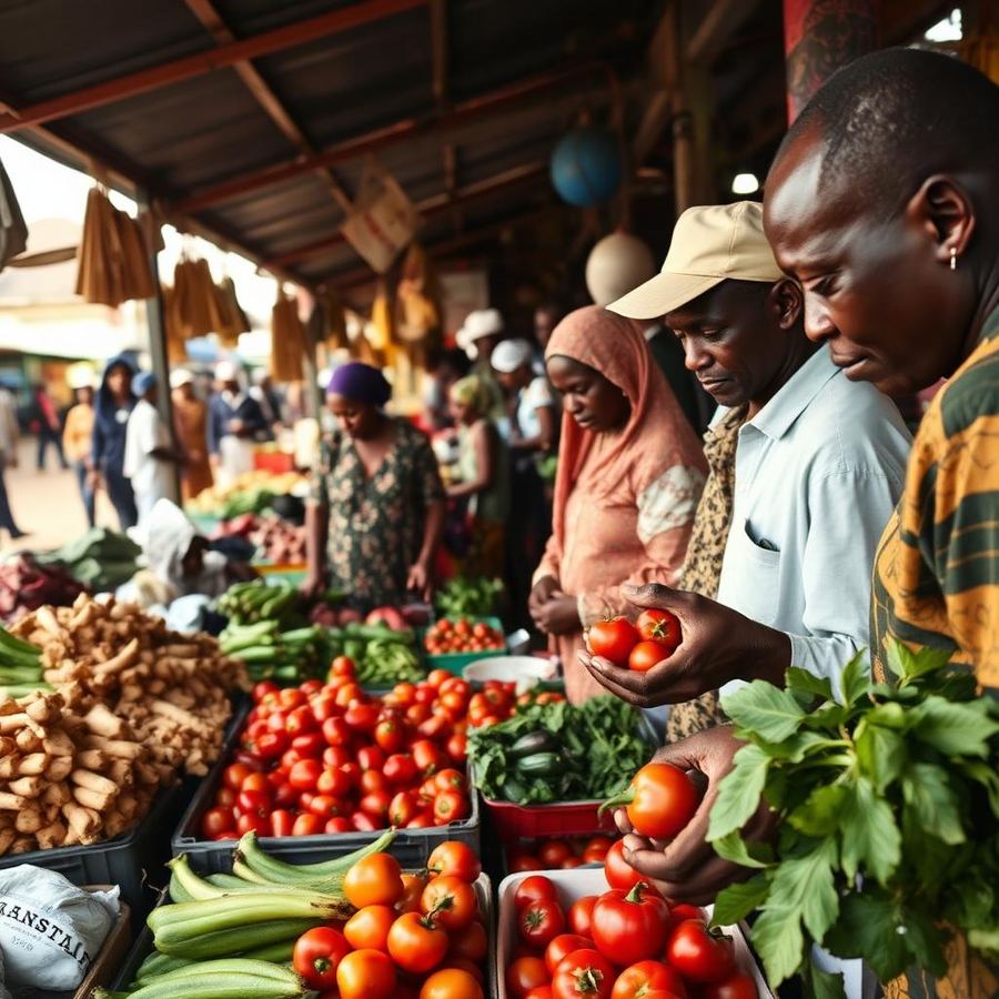 Busy Nigerian open-air market with produce stalls